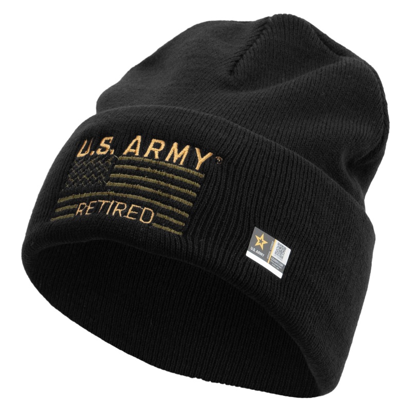 US Army Retired Flag Embroidered 12 Inch Long Knitted Beanie Black One Size