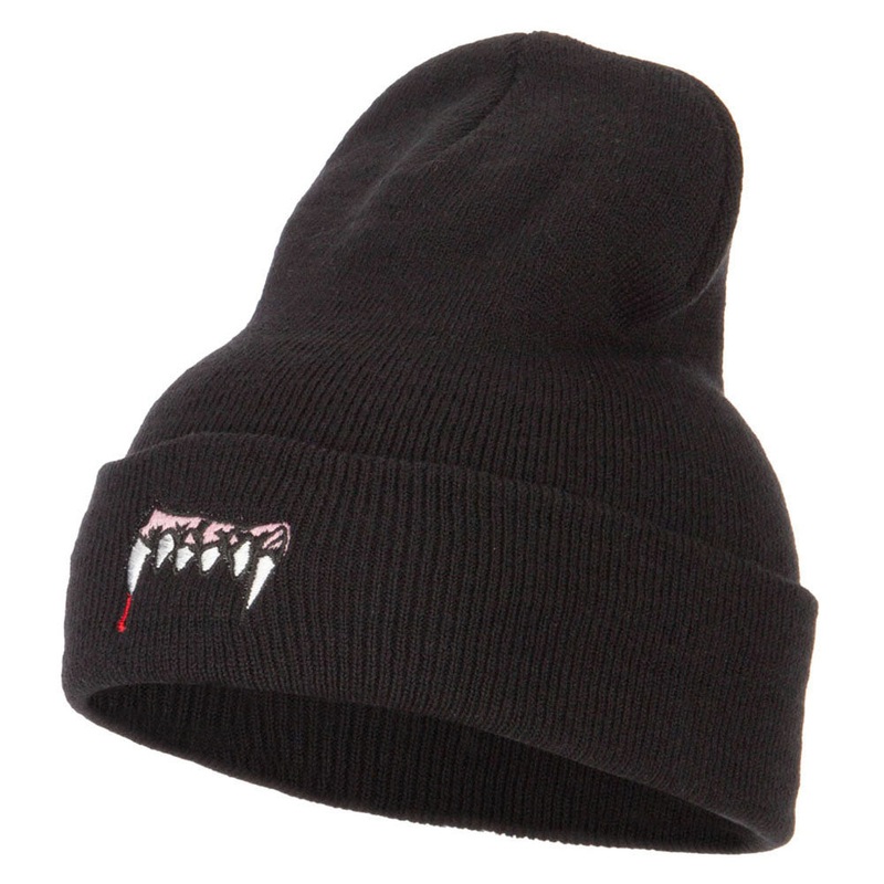 Vampire Fangs Embroidered Long Beanie Black One Size