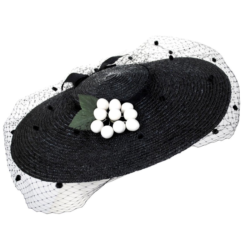 White Cherries Milan Straw Cartwheel Dress Hat BLACK/WHITE CHERRY ONE SIZE FITS MOST