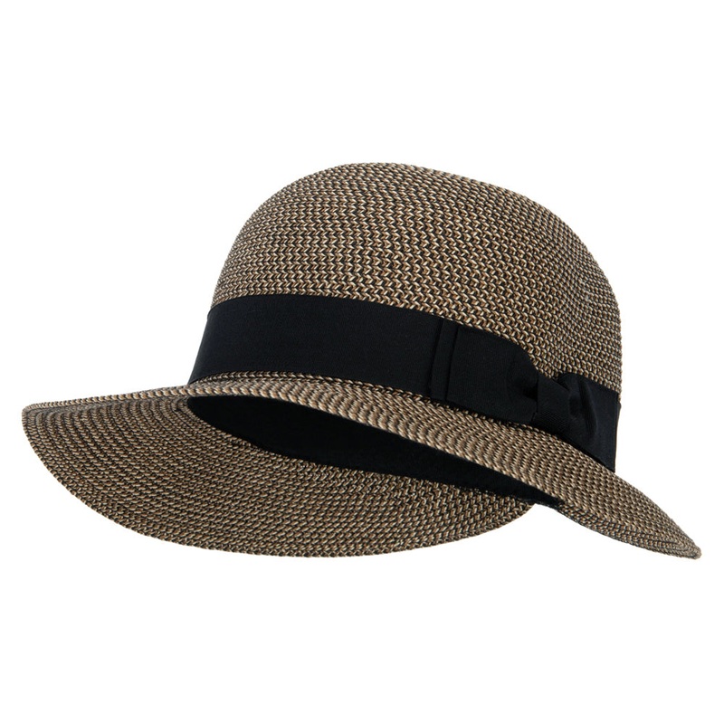 Women’s Paper Braid Bow Ribbon Band Accented Split Brim Cloche Hat Black Tweed One Size