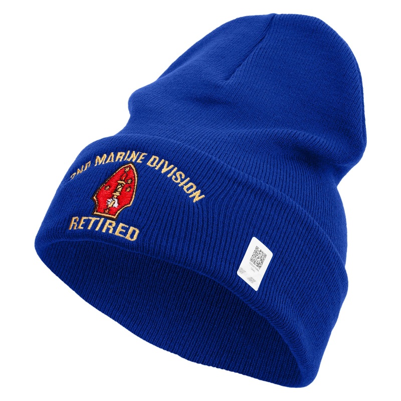 2nd Marine Division Retired Logo Embroidered 12 Inch Solid Knit Cuff Long Beanie Made in USA Royal Blue One Size