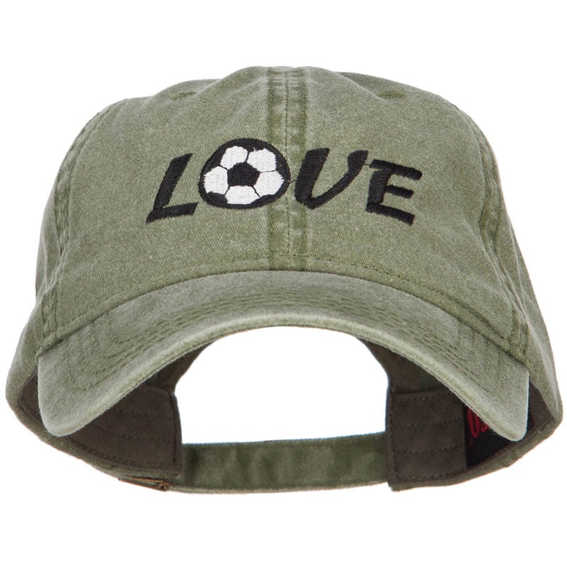 Love with Soccer Ball Embroidered Washed Cotton Cap Olive One Size