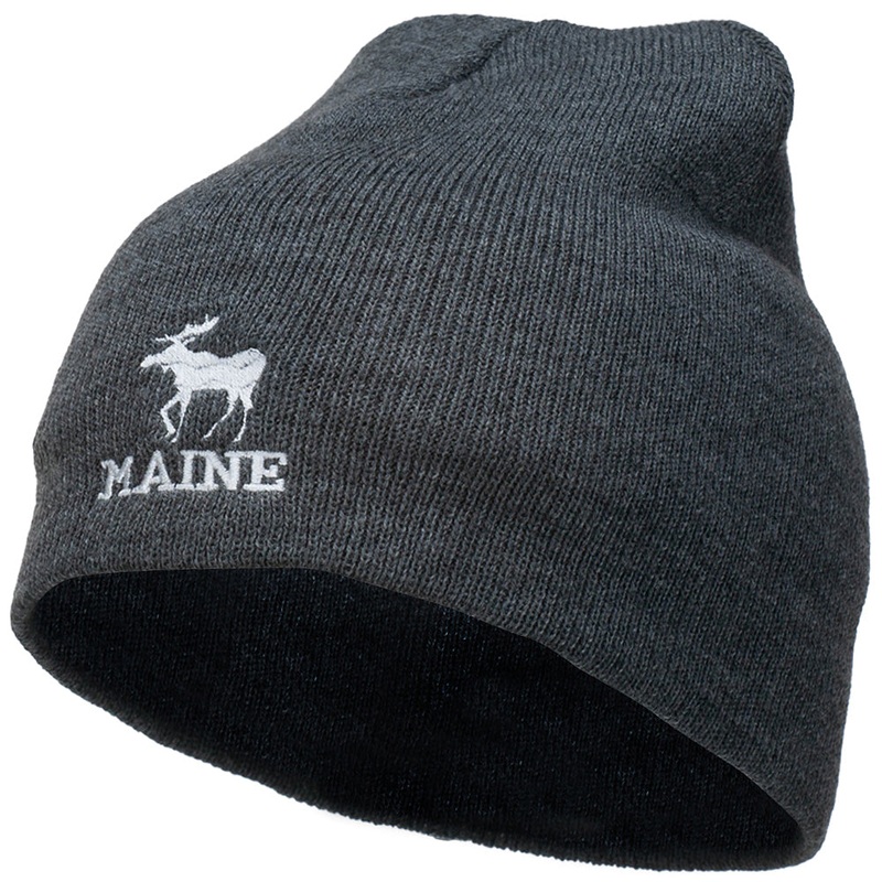 Maine State Moose Embroidered Short Beanie Dk Grey One Size