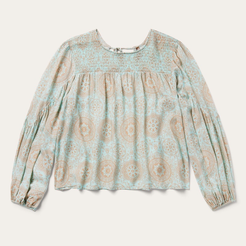 Mandala Print Peasant Blouse Blue XS