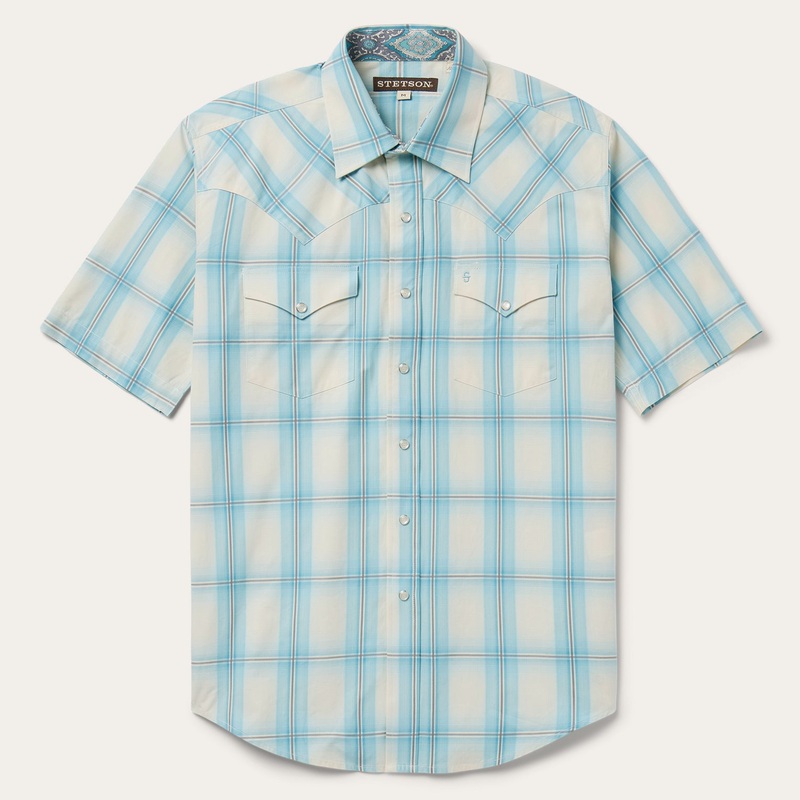 Ombre Plaid Short Sleeve Western Shirt Blue S