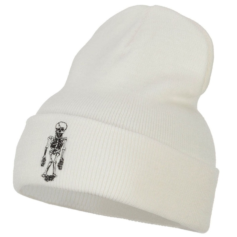 Skeleton Outline Embroidered Long Beanie White One Size