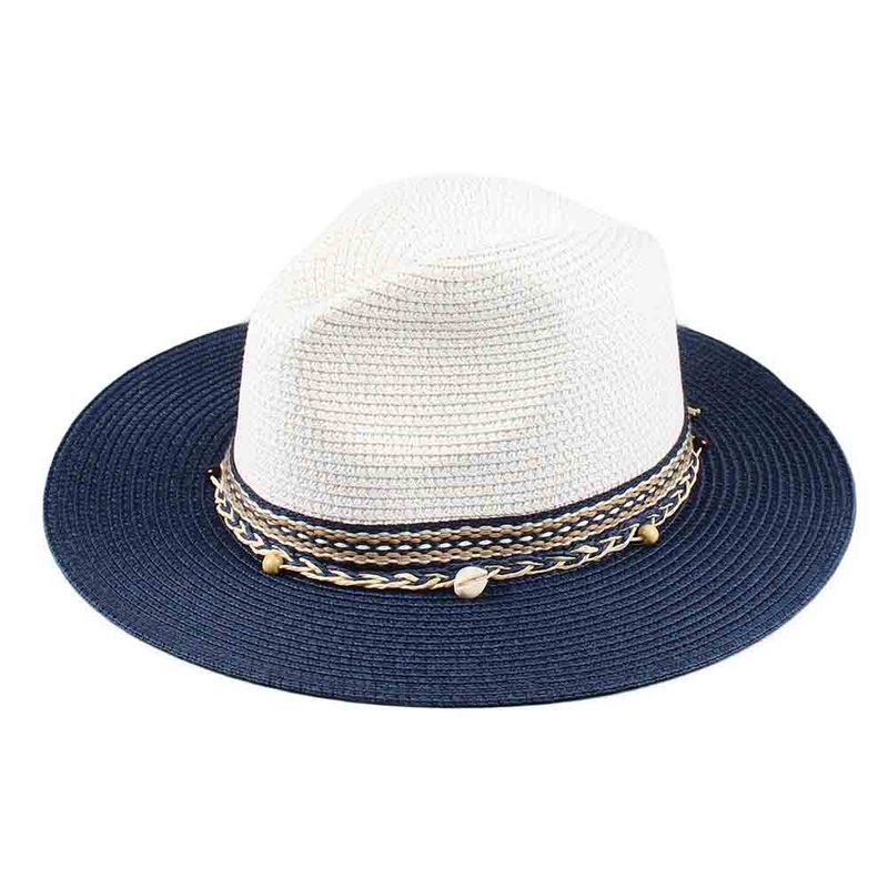 Two Tone Wide Brim Fedora with Decorative Band – Jeanne Simmons Hats Navy Medium (57 cm)