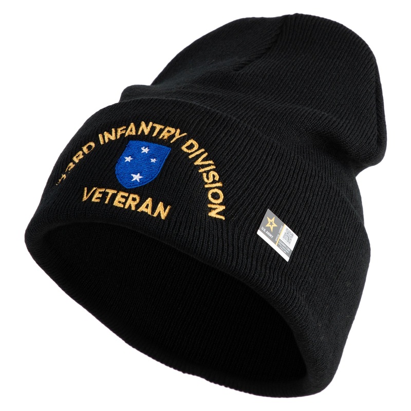 U.S. Army 23rd Infantry Division Logo Embroidered 12 Inch Solid Knit Cuff Long Beanie Made in USA Black One Size