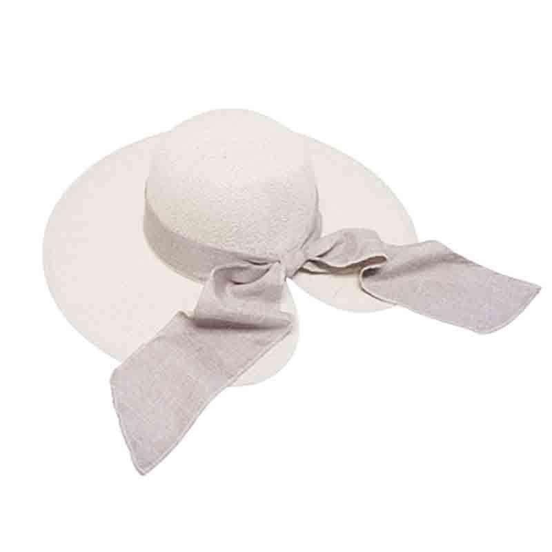 Woven Straw Sun Hat with Split Brim – Beige Linen Band and Bow Natutal Medium (57 cm)