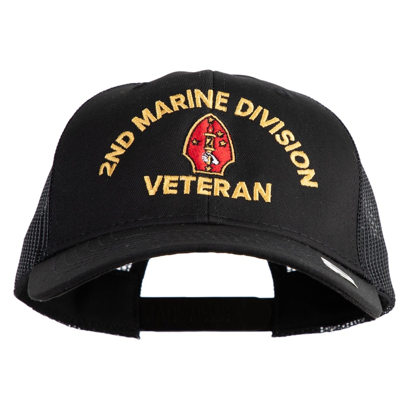 2nd Marine Division Veteran Embroidered 6 Panel Structured Cotton Twill Mesh Cap Made in USA Black One Size