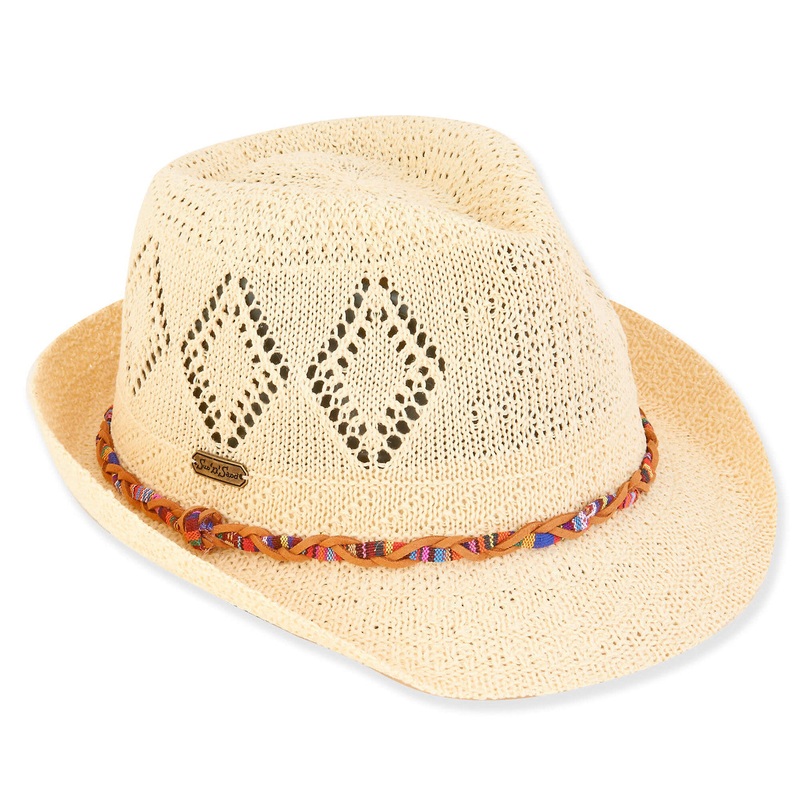 Brielle Knit Fedora with Colorful Band – Sun ‘n’ Sand Hats Natural OS (57 cm)