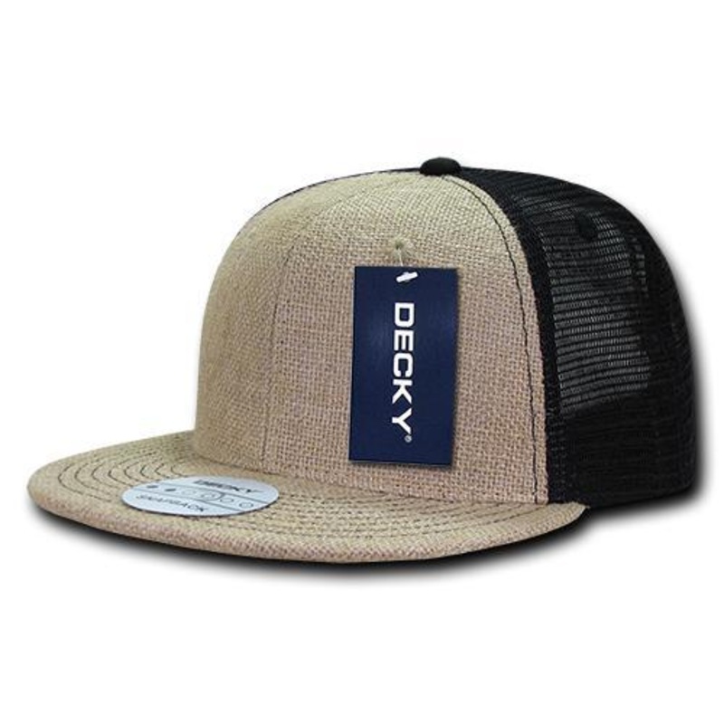 Decky 1138 – Jute Trucker Snapback Hat, 6 Panel Flat Bill Cap – CASE Pricing Natural/Black