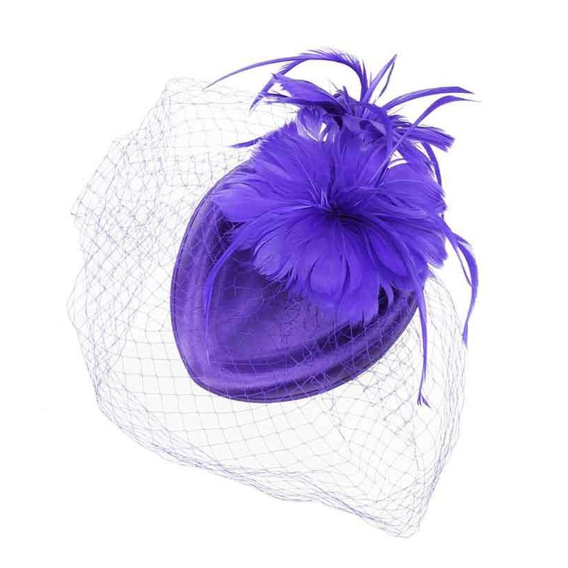 Feather Flower Petals Oval Pill Box Fascinator Purple