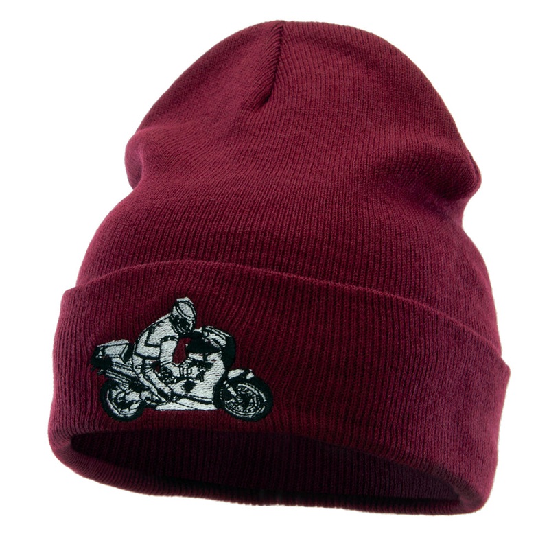 Moto Bike Embroidered 12 Inch Long Knitted Beanie Maroon One Size