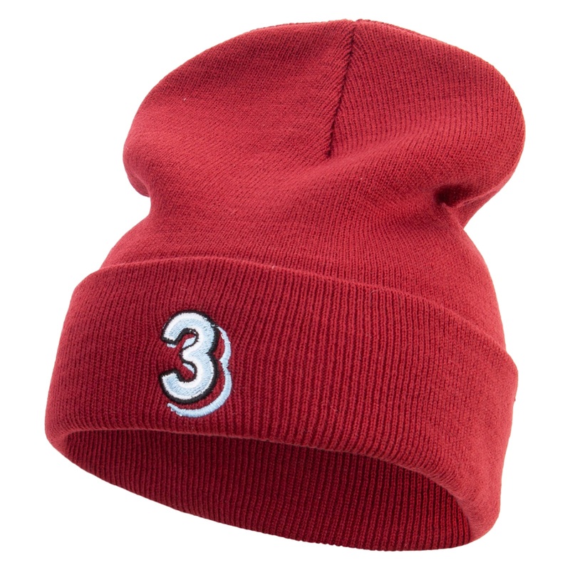 Number 3 Embroidered 12 Inch Long Knitted Beanie Maroon One Size