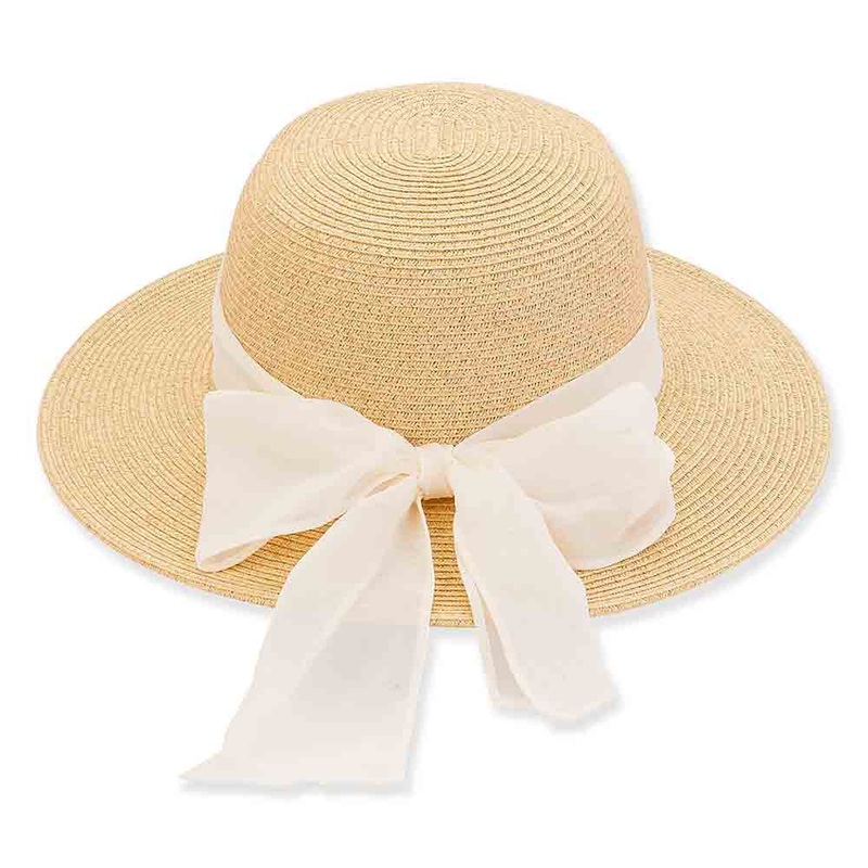 Petite Hats for Small Heads – Chiffon Bow Straw Wide Brim Beach Hat Natural Small (54.5 cm)