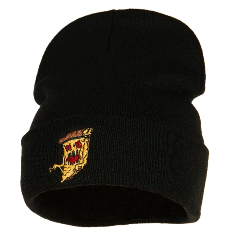 Pizza Monster Embroidered Long Knitted Beanie Black One Size