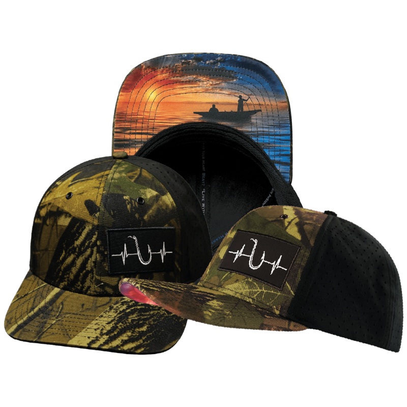 Fishing Hat – Baseball Hat Fit – Tan Tree Camo / Black – Laser Mesh