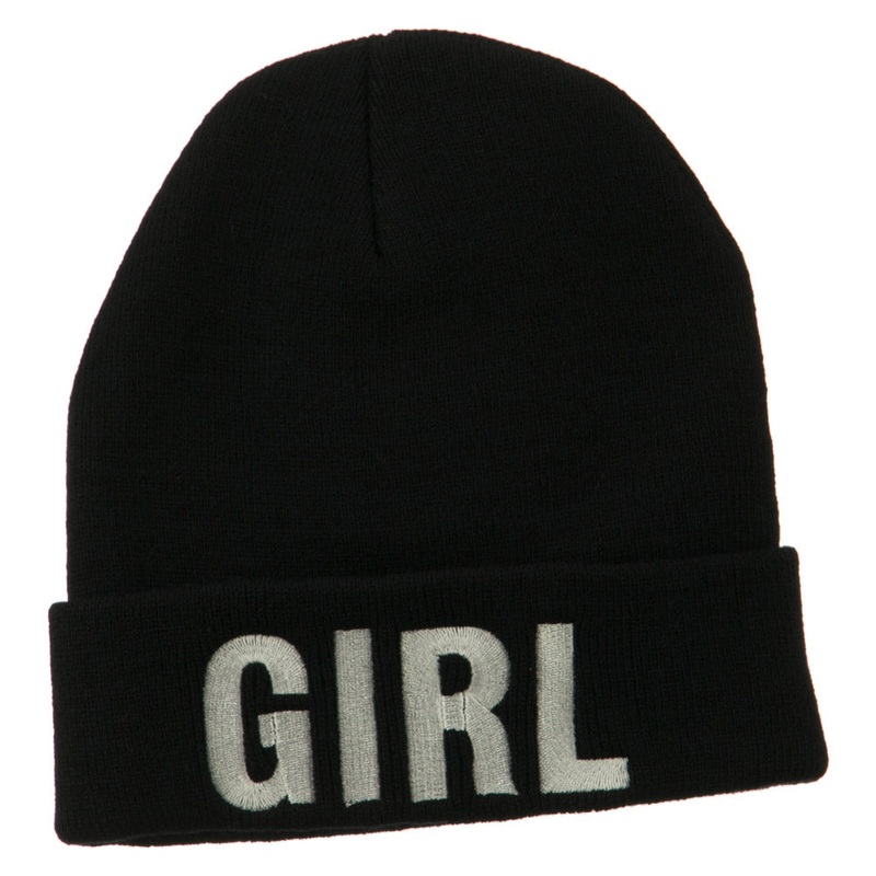 Girl Embroidered Cuff Long Beanie Black One Size