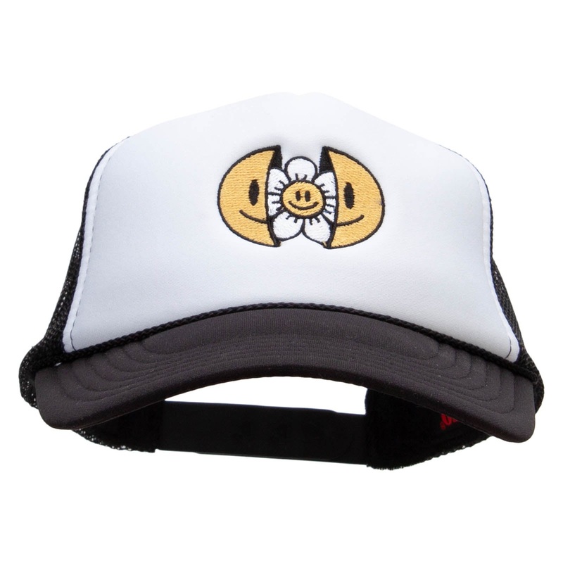 Happy Flower Embroidered Foam Panel Mesh Snapback Black White One Size