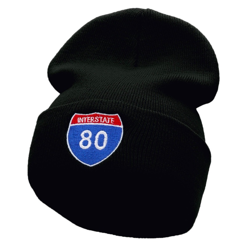 Interstate Highway 80 sign Embroidered 12 Inch Long Knitted Beanie Black One Size