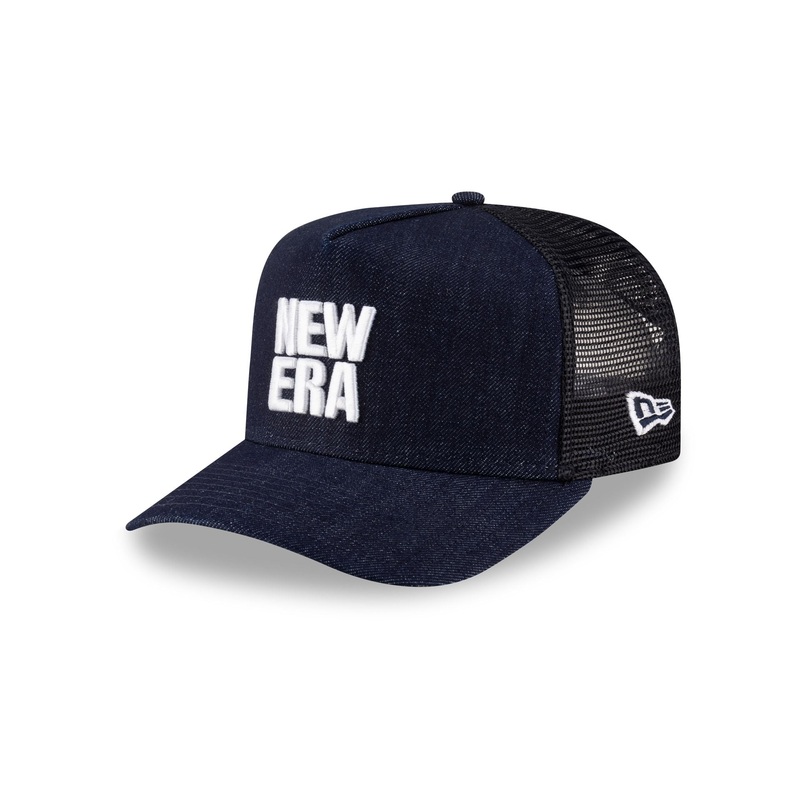 New Era Cap Square Logo Indigo Denim 9FORTY A-Frame Trucker Hat One Size