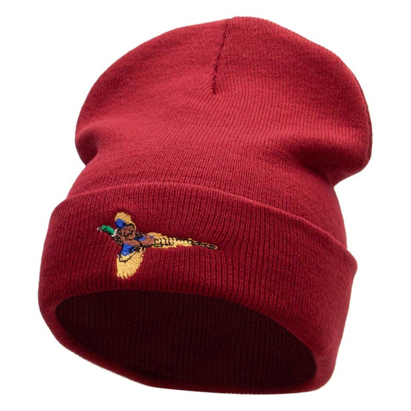 Pheasant Embroidered 12 Inch Long Knitted Beanie Maroon One Size