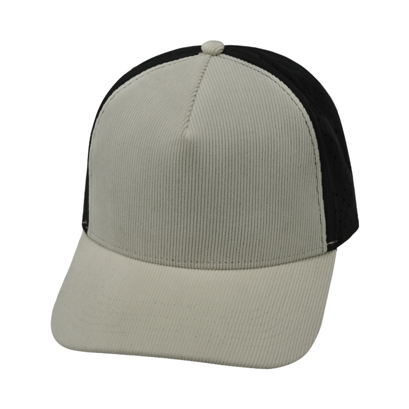 Blank – 5 Panel – Structured – Corduroy – Cream / Black (Unisex) – Laser Mesh