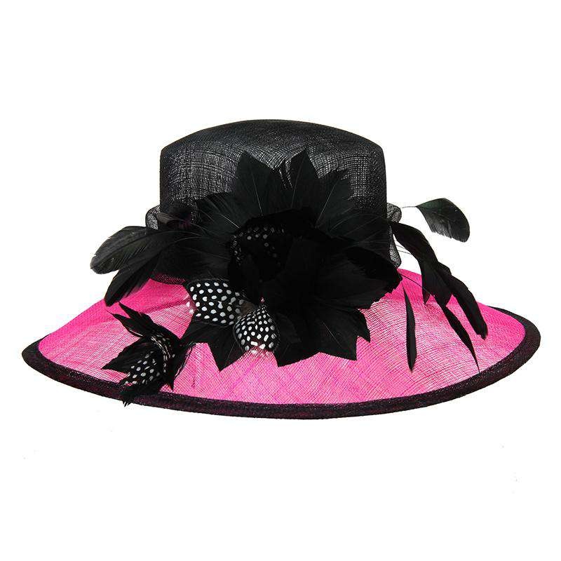 Dotted Feather Flower Two Tone Sinamay Dress Hat Magenta