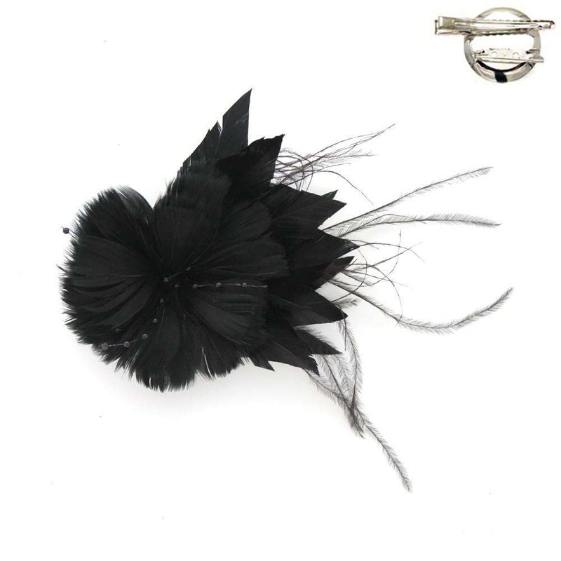Feather Flower and Leaf Fascinator-Brooch Pin Black