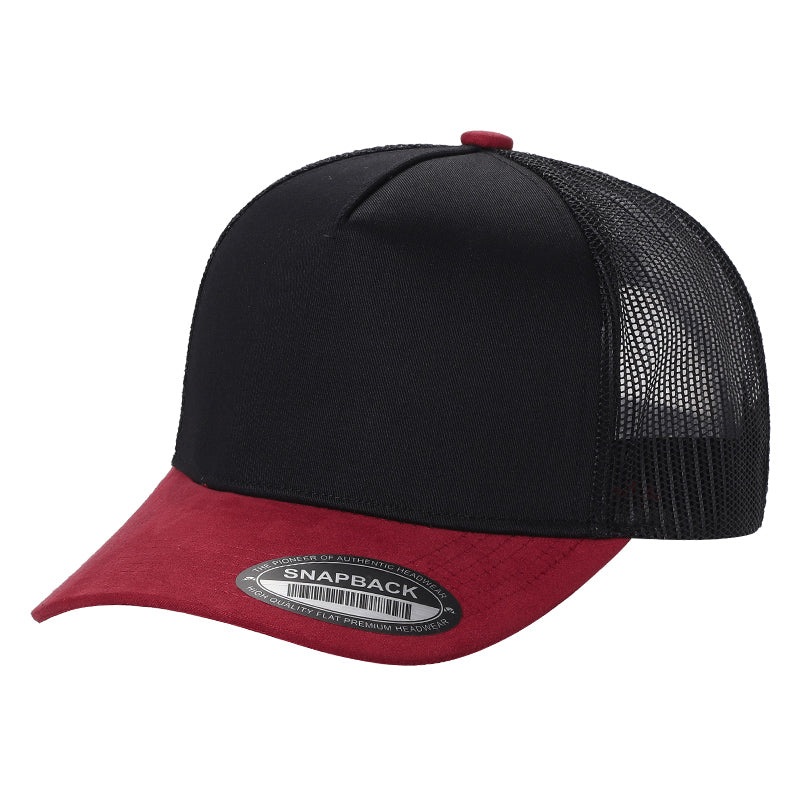 Unbranded Suede Bill 5 Panel Trucker Hat Black/Red