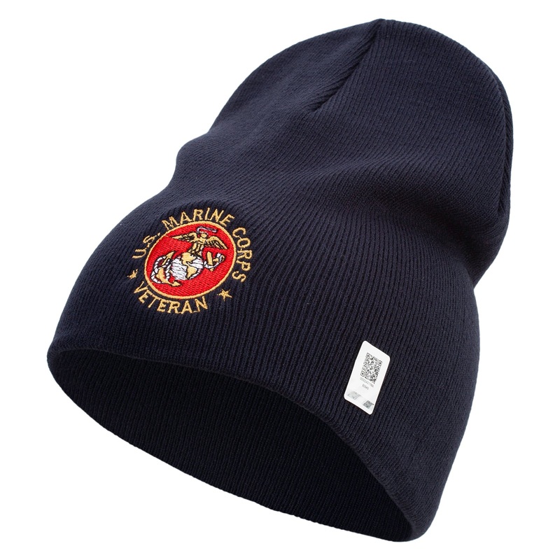 US Marine Corps Veteran Emblem Symbol Embroidered 8 Inch Short Beanie Made in USA Navy One Size