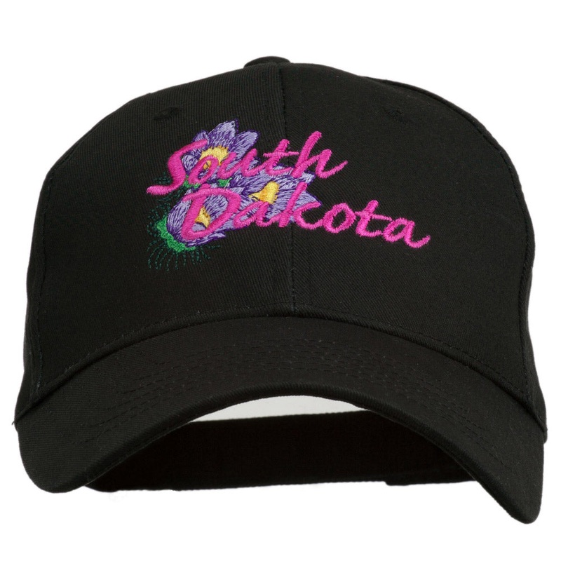 USA State South Dakota Pasque Flower Embroidered Organic Cotton Cap Black One Size
