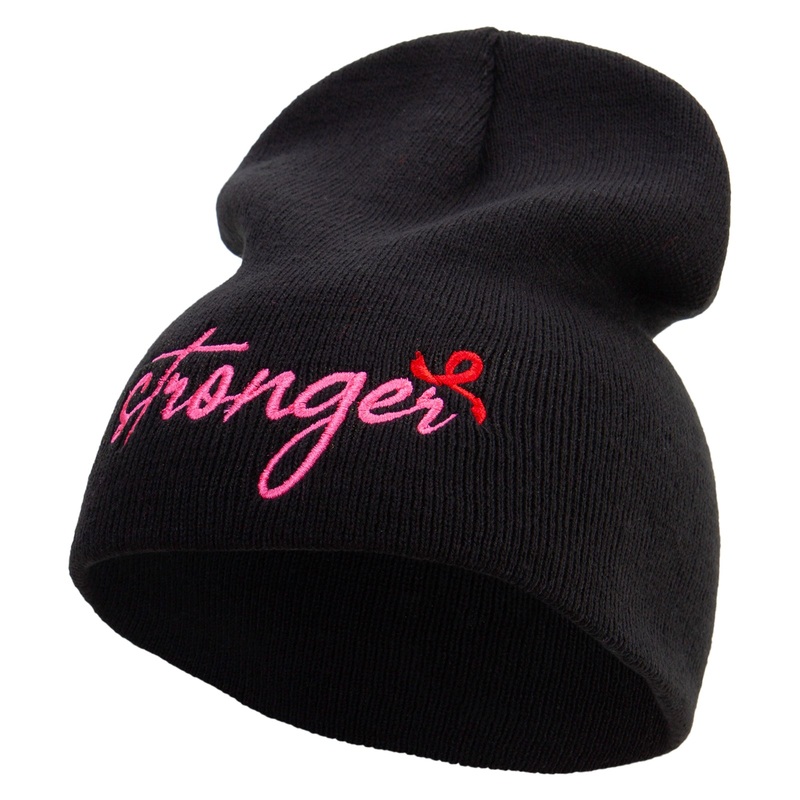 Be Stronger in Cancer Day Embroidered 8 inch Acrylic Short beanie Black One Size