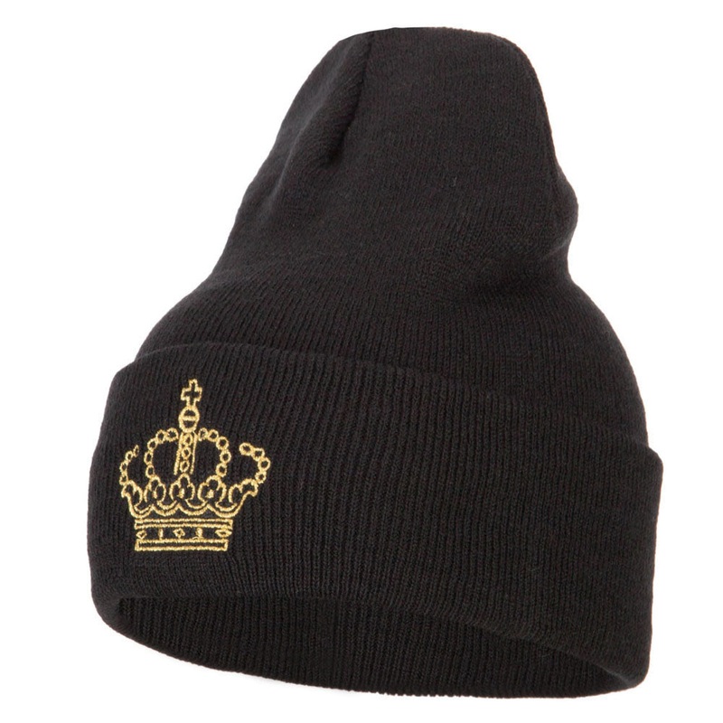 Glitter Crown Embroidered Knitted Long Beanie Black One Size