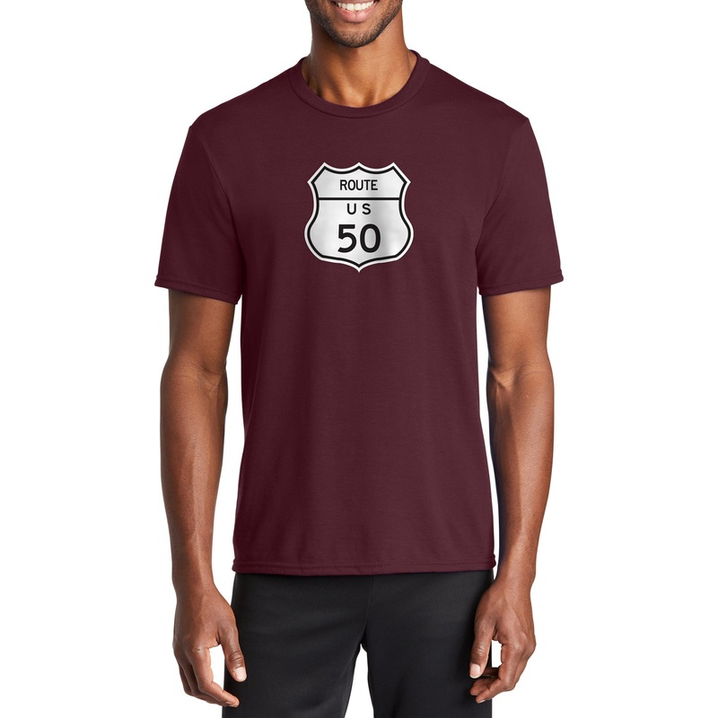 Route US 50 Graphic Men’s Fan Port & Company Performance Blend Crew Neck T-Shirt Athletic Maroon XL