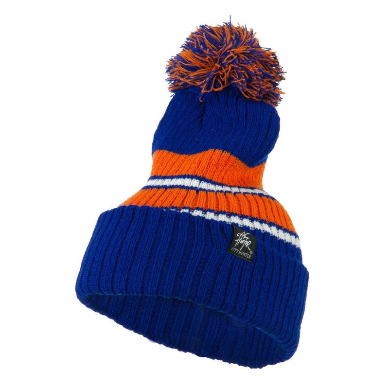 Two Tone Striped Knit Pom Beanie Black Fuchsia One Size