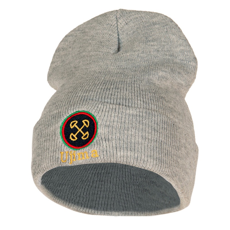 Ujima is Collective Responsibility and Work Embroidered Knitted Long Beanie Heather Grey One Size