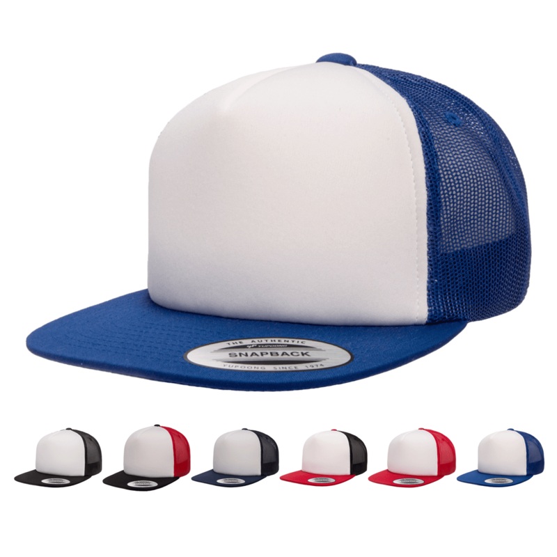 Yupoong 6005FW Foam Trucker Mesh Snapback Hat, Flat Bill Cap – White Front Black/White/Black