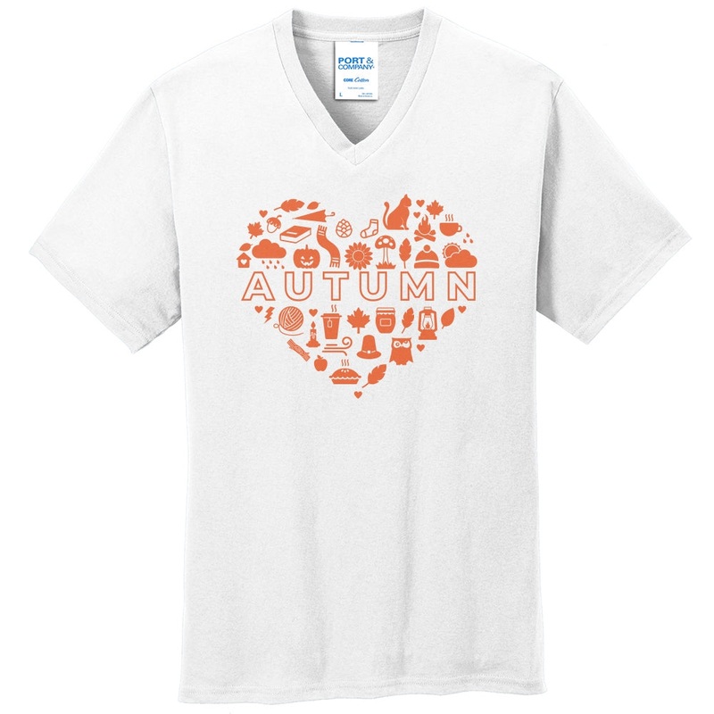 Autumn Heart Graphic Design Big Size Port & Company Core Cotton V-Neck Tshirt White XL
